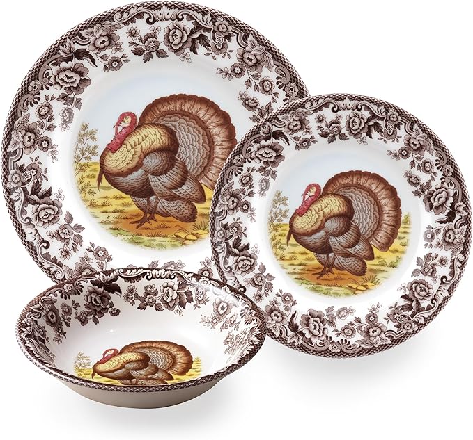 Spode Woodland Turkey Dinner Plate - 10.5" Traditional Thanksgiving Design with Historic British Floral Border, Fine Earthenware - Dishwasher, Microwave & Warm Oven Safe - Made in England