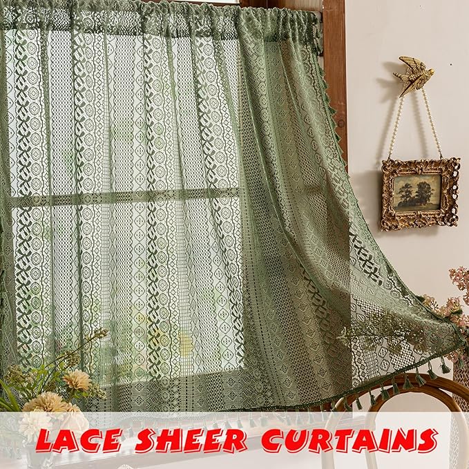 Sutuo Home Olive Green Boho Window Curtains Valance 18 inches Long 2 Panels - Image 3