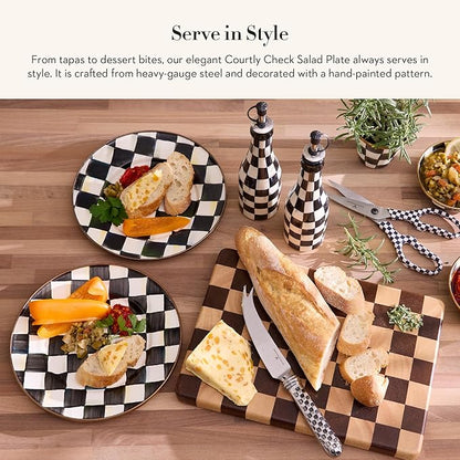 MACKENZIE-CHILDS Enamel Salad and Dessert Plate, Small Plate for a Dessert or Appetizer Dish, 8 Inches, Black-and-White Courtly Check