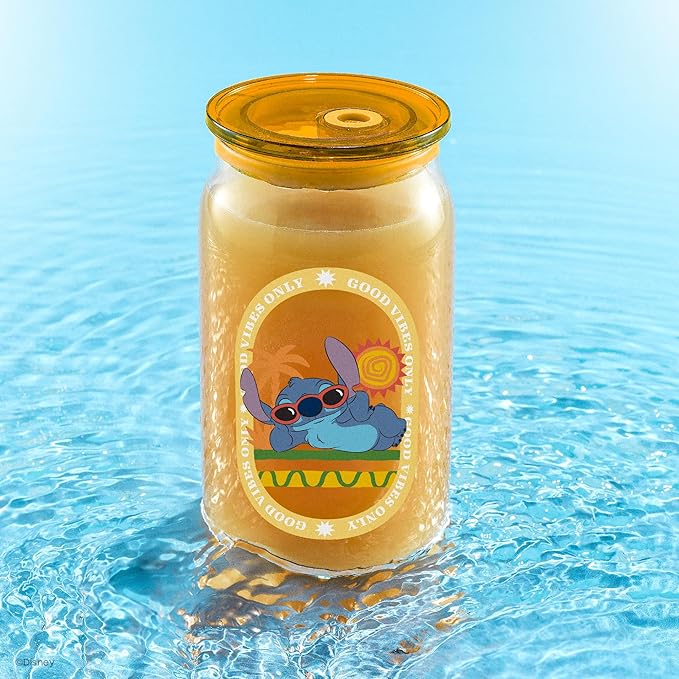 JoyJolt Disney Stitch Island Vibes Glass Tumblers with Lids and Straws, 16oz Glass Cups with Lids and Straws, Can Shaped Drinking Glasses Set of 4, Stitch Stuff, Disney Gifts for Adults