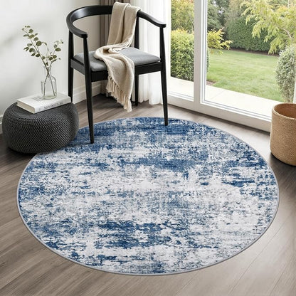 Round Area Rug Living Room: 4 ft Modern Washable Carpet Blue | by FXRHLP