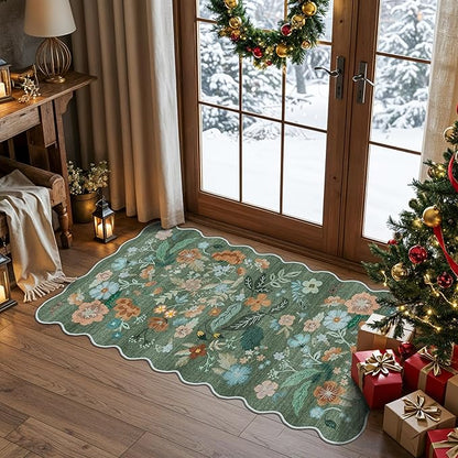 Washable Floral 2x4 Area Rug: Indoor Soft Scalloped Carpet by HYHAOYUNLAI