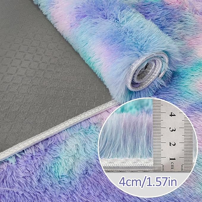 Super Soft Fluffy Living Room Area Rug 3x10 ft Purple Rainbow Tie-Dyed Shaggy - Image 5