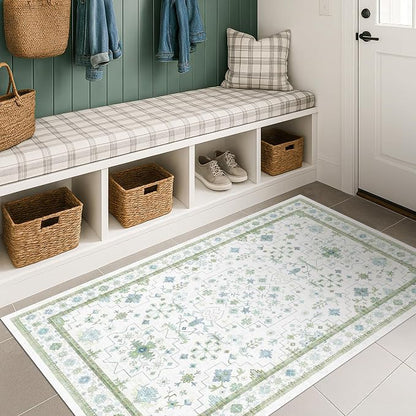 Cream Green and Blue 2x4 Boho Bathroom Rug - Image 6
