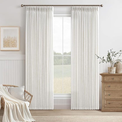 Pleated Semi Sheer Light Filtering Linen Beige Curtains 108 Inches Long | White - Image 8