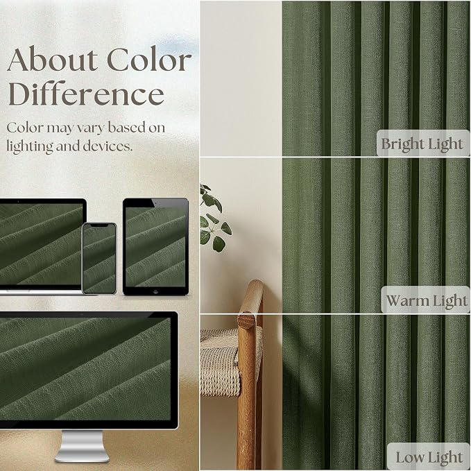 Pleated Semi Sheer Memory Shape Olive Green Linen Curtains 90 Inches Long | - Image 4
