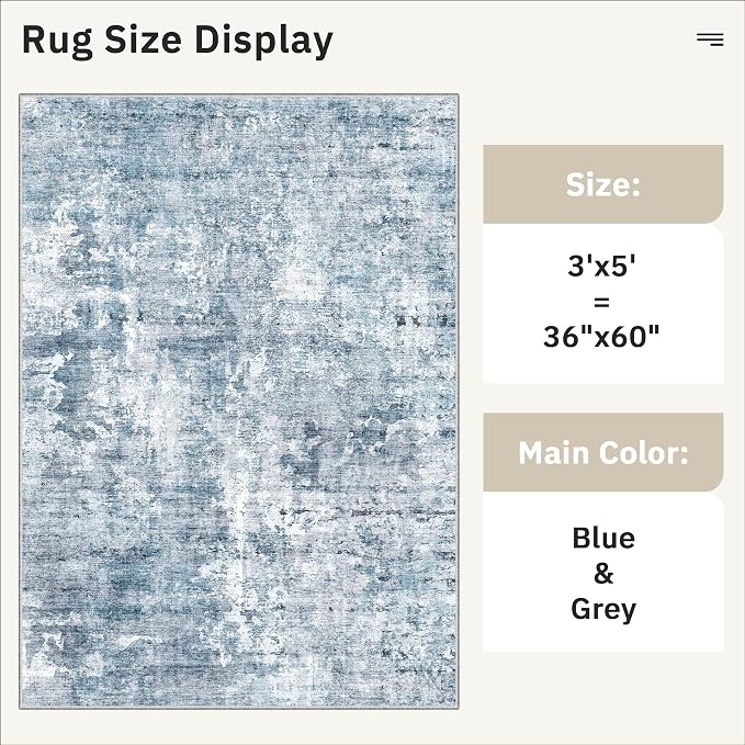 Soalmost Abstract 3x5 Rugs, Small Kitchen Entryway Area Rug Blue/Grey | Vintage - Image 5