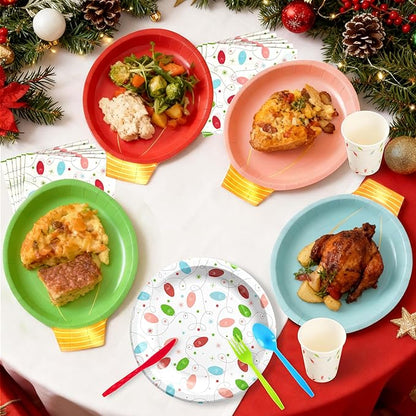 177Pcs Christmas Party Supplies Decorations, Disposable Christmas Light Bulb Paper Plates Napkins Cups Plastic Cutlery Serve 25, Heavy Duty Disposable Dinnerware Set for Holiday Home Xmas Party Decor