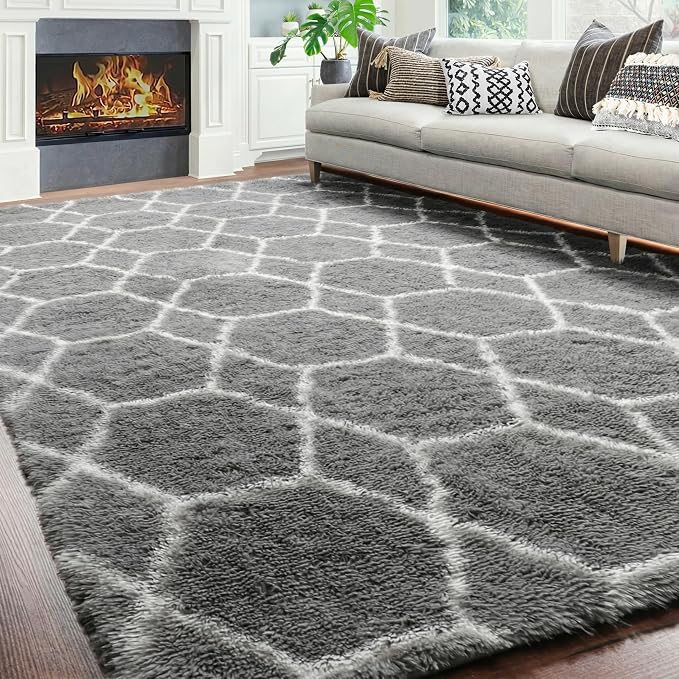 Area Rugs for Bedroom Living Room, 4x6 Fluffy Grey and White Geometric Rug | - Image 9