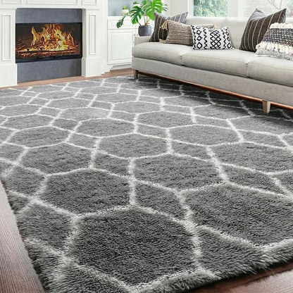 Area Rugs for Bedroom Living Room, 4x6 Fluffy Grey and White Geometric Rug | - Image 9