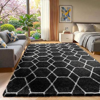 Area Rugs for Bedroom Living Room, 4x6 Fluffy Black and White Geometric Rug | - Image 5