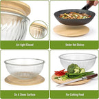 Stackable Space-Saving Nesting Set of 3 Glass Bowls with Bamboo Lids for Foodprep, Storage, Mixing & Cooking - Microwave & Oven Safe BPA Free Durable Heat Resistant Inert Borosilicate Glass