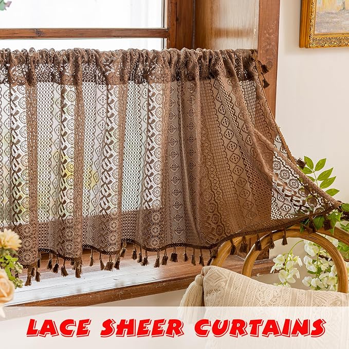 Sutuo Home Dark Coffee Boho Short Curtains Valance - Image 4