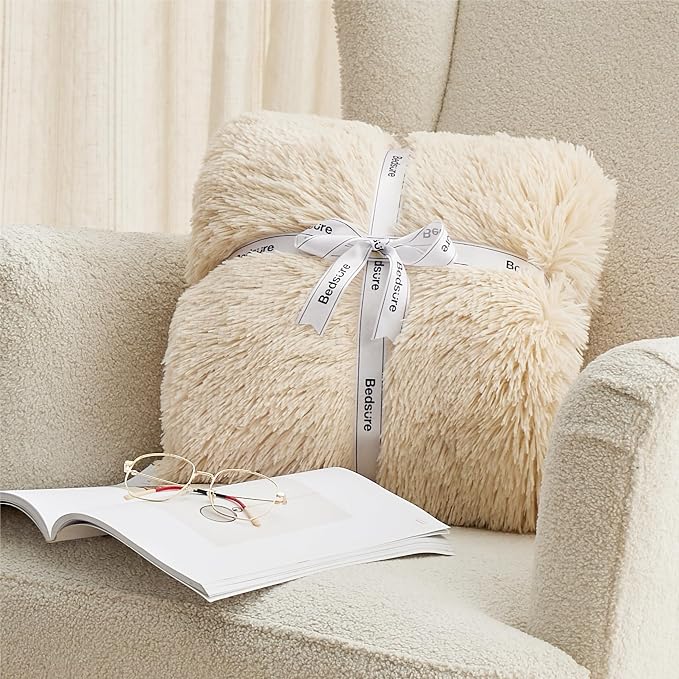 Bedsure GentleSoft Fuzzy Sherpa Faux Fur Blanket Beige Cozy Gifts - Image 7
