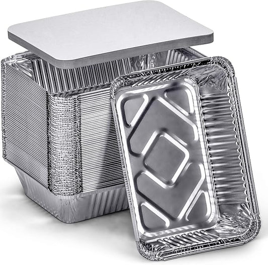 DecorRack 14 Aluminum Pan Disposable with Flat Board Lids, 2.25 Lb Heavy Duty Rectangular Tin Foil Pans, Perfect for Reheating Leftover Food, Baking, Roasting, Meal Prep, to-Go Containers (14 Pack)