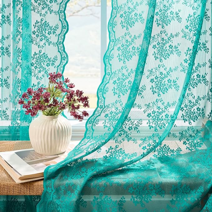 YJ YANJUN Vintage Lace Curtains 72 Inches Long-Victorian Floral Teal Sheer - Image 2