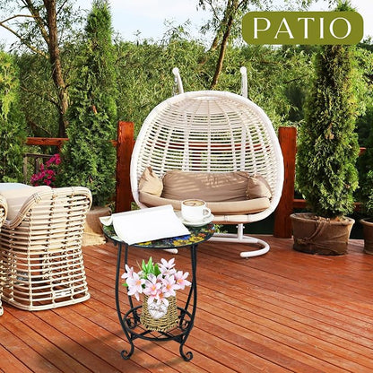 Cinnvoice Outdoor Side Table Round Small Mosaic Patio Accent Indoor End Plant - Image 5