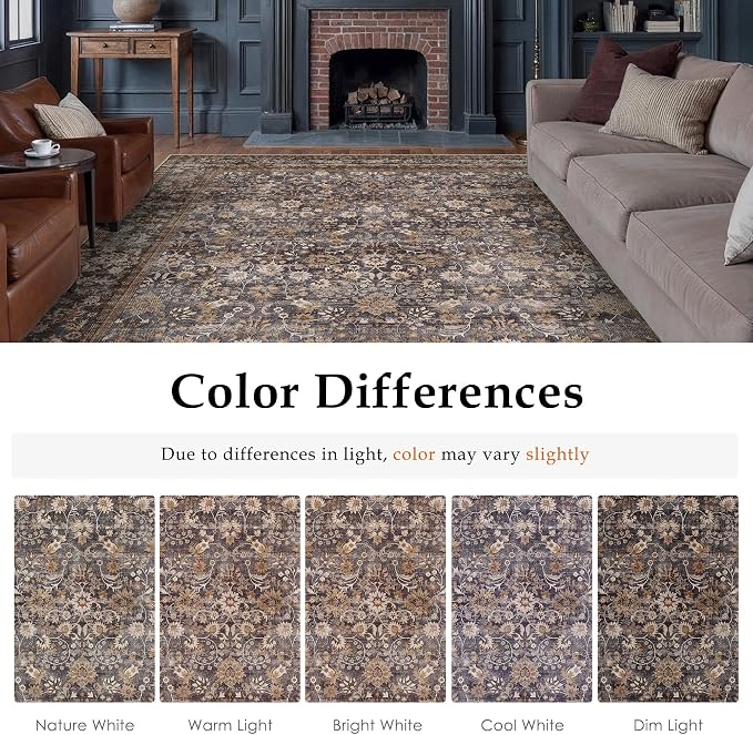 3x8 Brown Blue Vintage Floral Washable Runner Rug - Image 9