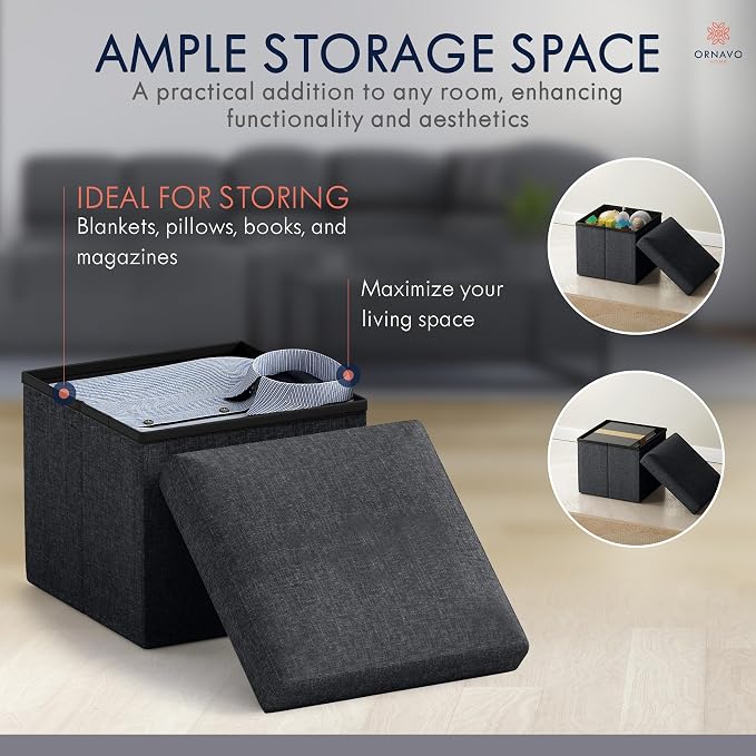 Ornavo Home Small Storage Ottoman Foldable Collapsible Cube Square Linen - Image 3