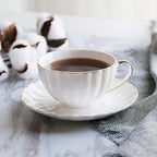 BTaT- White Tea Cups and Saucers Set With Gift Box, 7oz, Set of 6 With Gold Rim, for Adults, Bulk