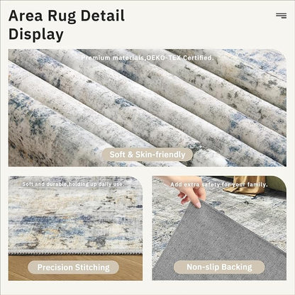 Soalmost Abstract Rug 8x10 Large Living Room Area Rugs Washable Blue/Yellow | - Image 6