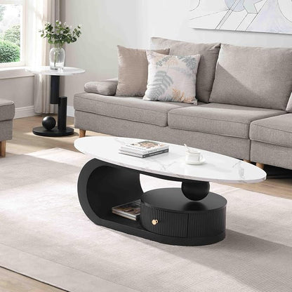 Modern Oval Coffee Table Set of 2, Faux Marble Coffee Table and Round End Table - Image 3