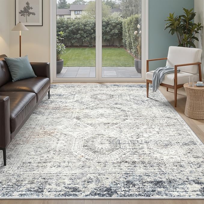 Soalmost 5x8 Area Rugs Blue/Ivory Low Pile Washable Trendy Faded Style Rug | - Image 2