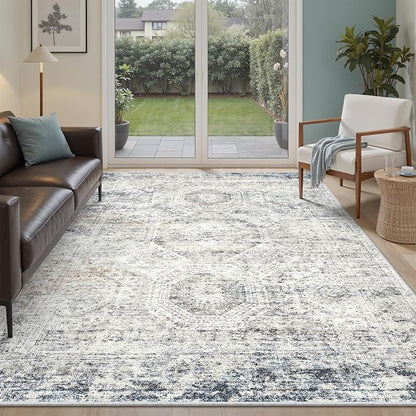 Soalmost 7x9 Area Rug for Living Room Washable Rugs Non-Slip Blue/Ivory | - Image 2
