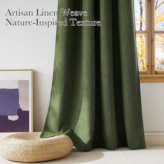 NICETOWN Froest Green Faux Linen Room Darkening Rod Pocket Curtains 63 inch - Image 3