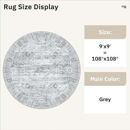 Soalmost Round Rugs 9ft Living Room Circle Area Rug 9x9 Grey Vintage | Washable - Image 3