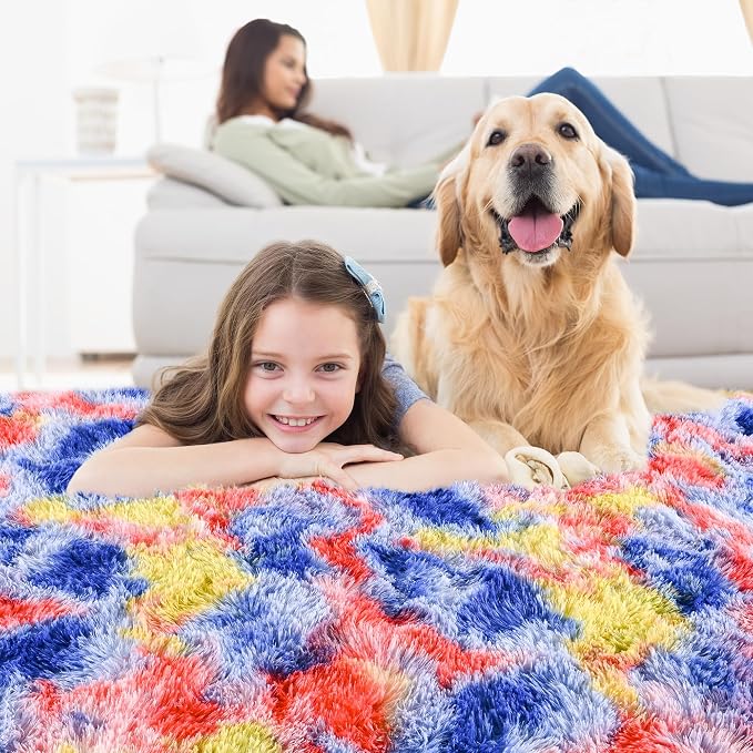 5x7 Tie-Dyed Blue Red Yellow Fluffy Soft Area Rug Non-Slip - Image 7