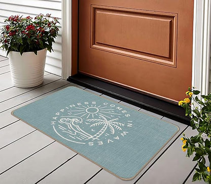 Summer Beach House Happiness Comes in Waves Blue Rustic Door Mat Doormat - Image 2