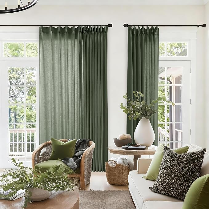 Olive Green Extra Wide Pinch Pleated 100 x 102 Inch Linen Curtains | - Image 8