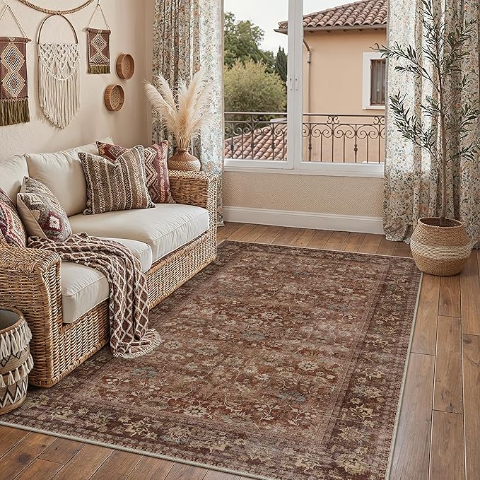 3x5 Brick Red Vintage Floral Washable Area Rug by HUGEAR