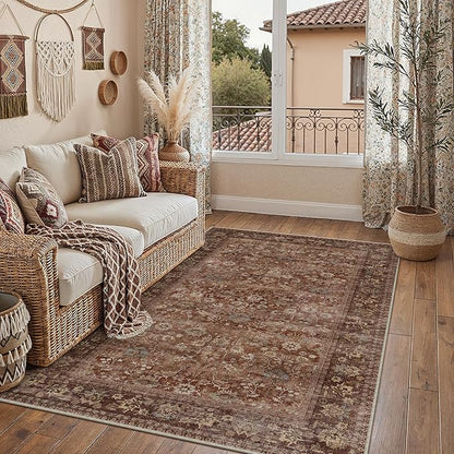 3x5 Brick Red Vintage Floral Washable Area Rug by HUGEAR