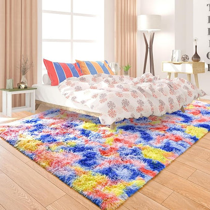 5x7 Tie-Dyed Blue Red Yellow Fluffy Soft Area Rug Non-Slip - Image 2