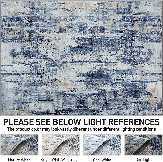 9x12 Area Rugs for Living Room: Washable Abstract Blue Gold Badroom Carpet | - Image 6