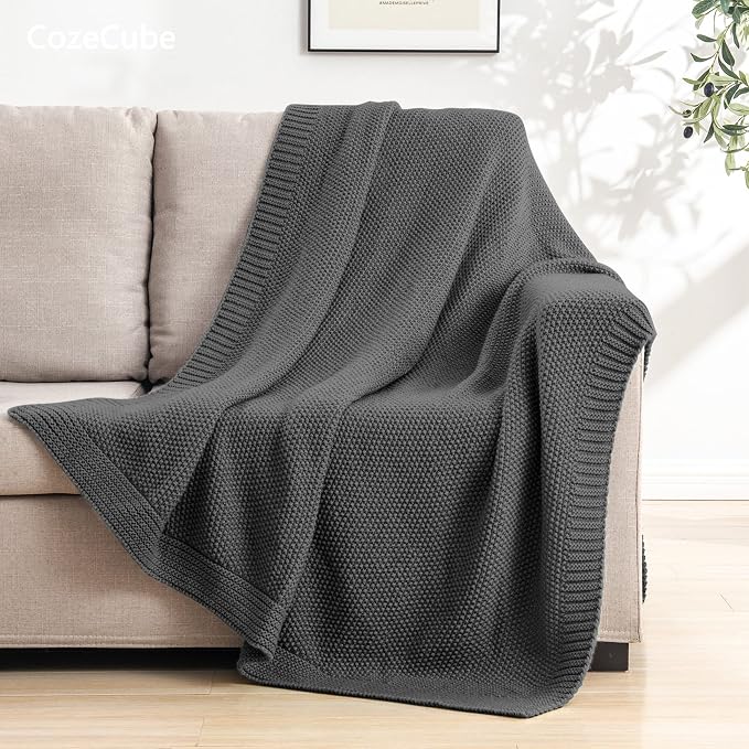 CozeCube Charcoal Grey Seed Stitch Throw Blanket 50"x60", Farmhouse Decor | - Image 3