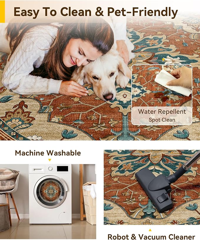 RELEANY Washable Area Rug, Round 4ft, Water Repellent, Pet Friendly, Vintage - Image 4