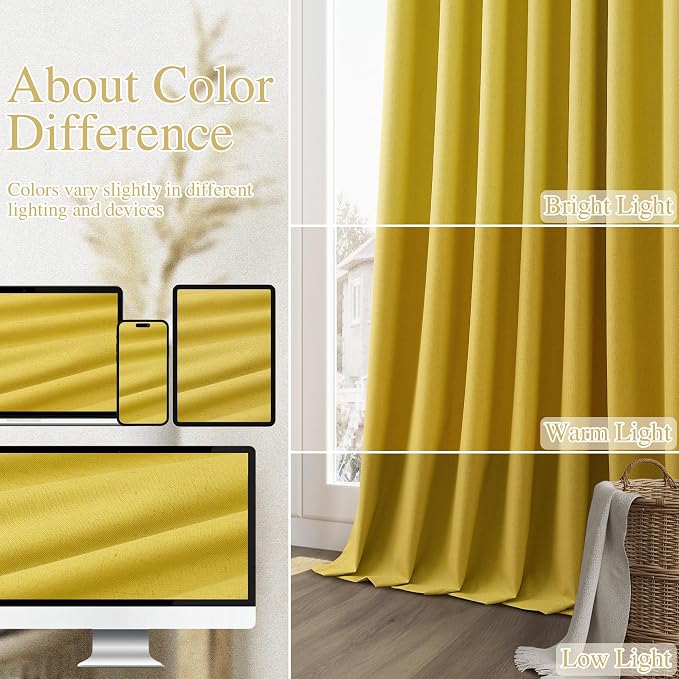 Celery Yellow 100% Blackout Linen Curtains 102 Inch Length 2 Panels Set - Image 7