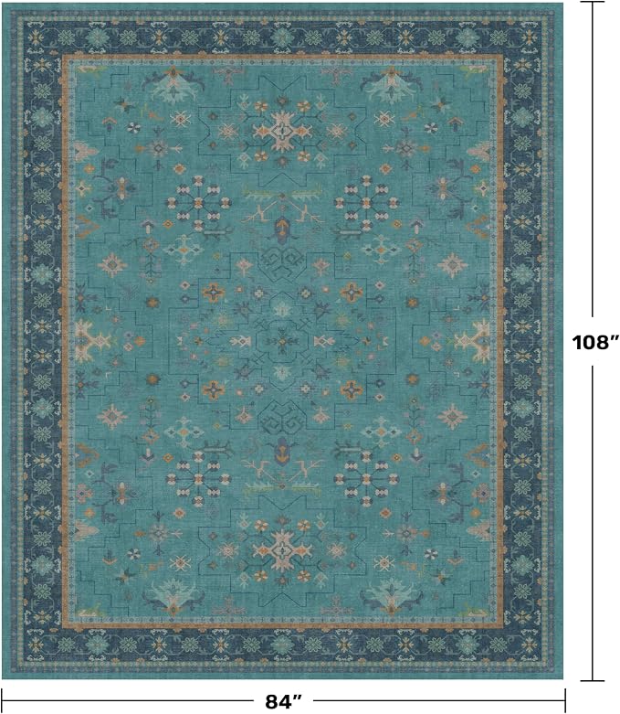 Boho Teal 7x9 Soft Rugs for Living Room, Washable Turquoise Rug for Bedroom - Image 2