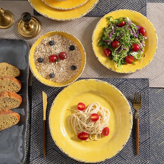 Farmhouse Melamine Pasta Bowls Set, 42 OZ Large Salad Bowls Set, 9.25 inch 6 Piece large Soup Bowls,Wide and Shadow Rustic Round Serving bowl, Set of 6 Dinner Bowl,Yellow…