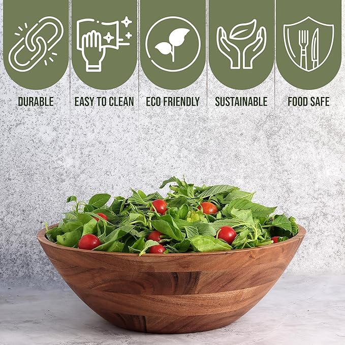 Luxe Designs Wooden Salad Bowl Set - Food Safe & Sustainable Decorative Bowl - Wood Bowl for Fruits, & Salads - Easy to Clean Large Salad Bowls Set w/Spoon, Fork – Wooden Bowls for Food (Natural)