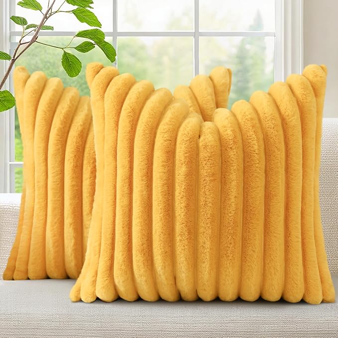 decorUhome Fall Faux Fur Throw Pillow Covers 26x26 Set of 2 Mustard Yellow | by decorUhome
