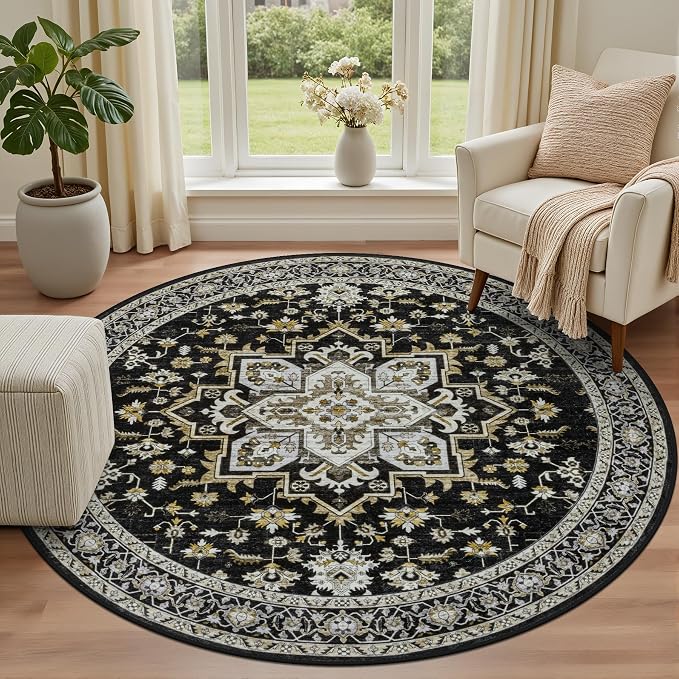 Round Area Rug for Living Room: 8ft Boho Washable Rug Black Gold | Vintage Boho - Image 2