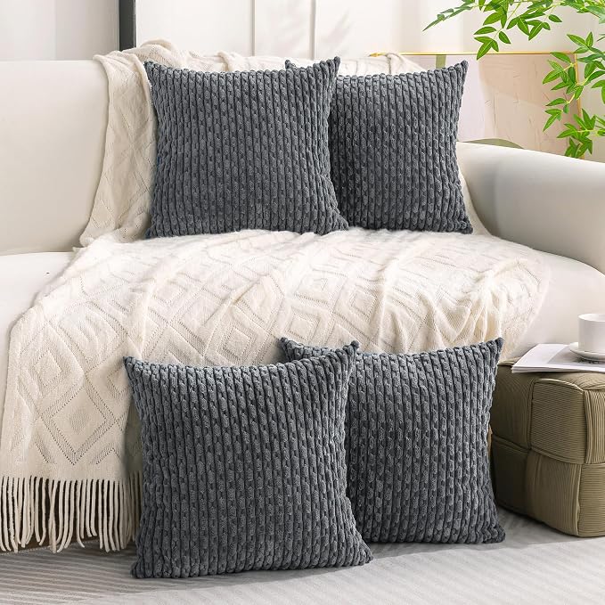 Set of 4 Medium Grey Decorative Throw Pillow Covers 22x22 Inch Corduroy Pillow - Image 2