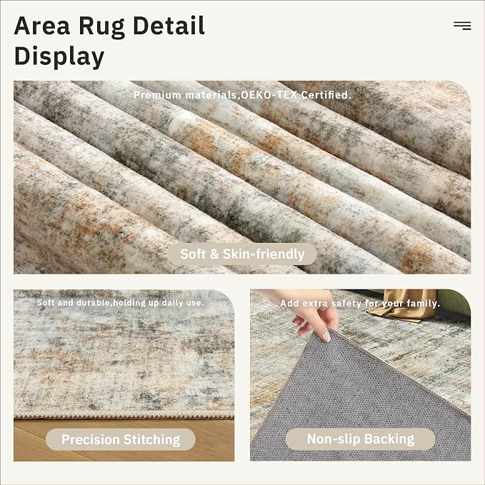 Soalmost 9x12 Area Rugs for Living Room Washable Rug Abstract Orange/Brown | - Image 6