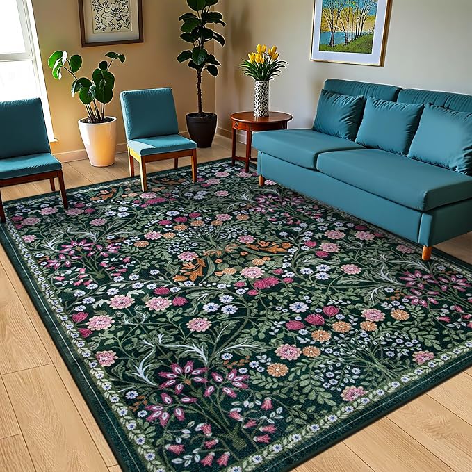 PLHXFR Area Rug 10x14 Living Room: Floral Washable Boho Carpet Dark Green | - Image 2