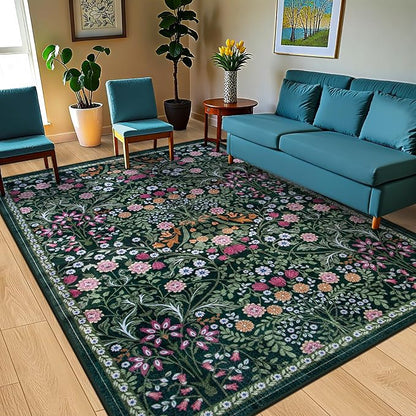 PLHXFR Area Rug 10x14 Living Room: Floral Washable Boho Carpet Dark Green | - Image 2