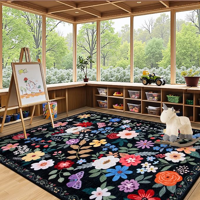PLHXFR Area Rug Living Room: 5x7 Floral Washable Boho Soft Carpet Black | - Image 5